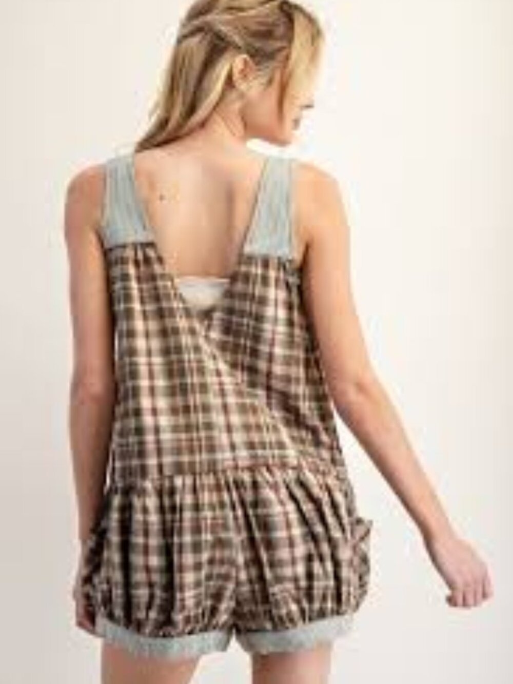 ee:some Los Angeles Sleeveless Tie Romper Plaid/Stripe M